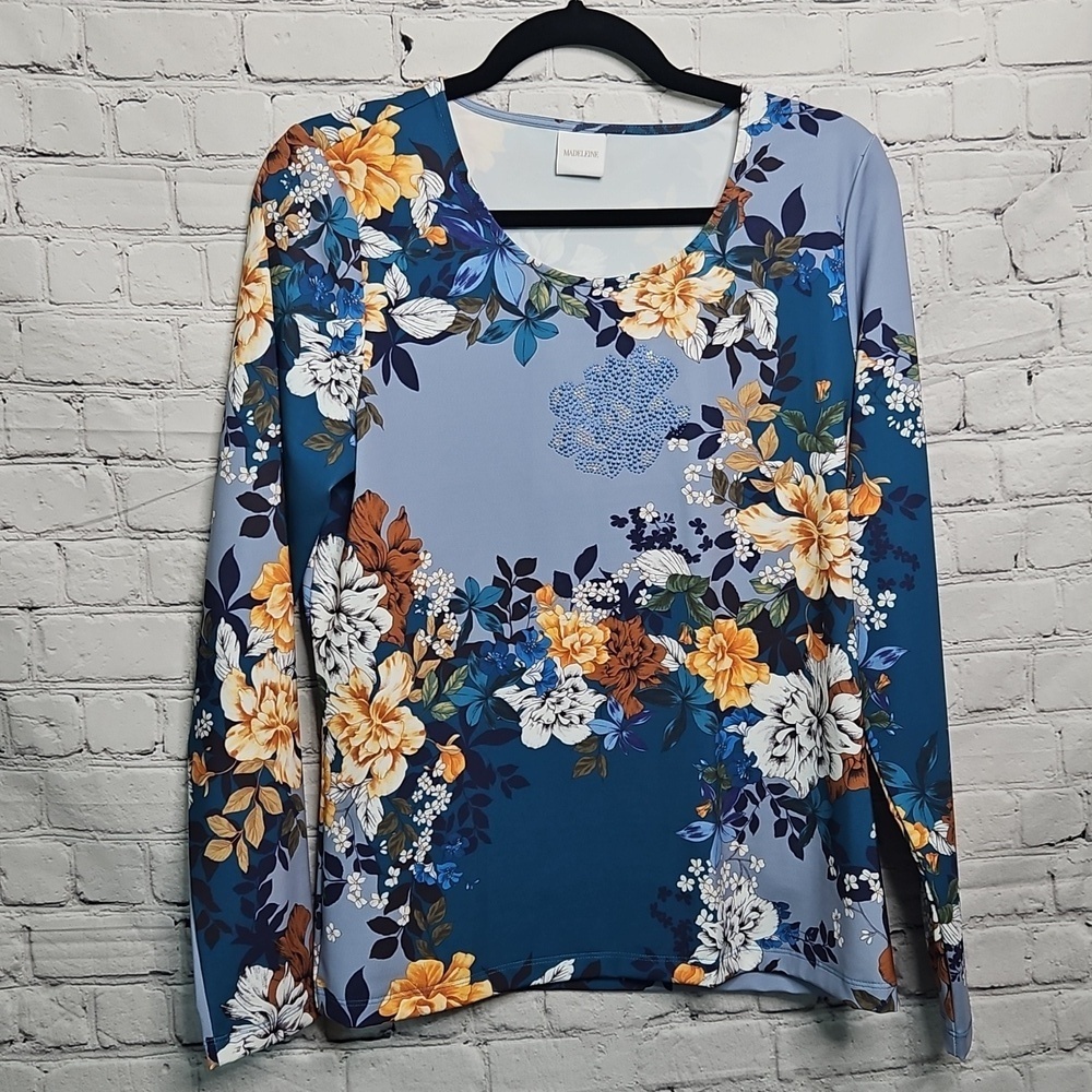 Madeleine Blue Orange Floral Crewneck Long Sleeve Blouse Size 10